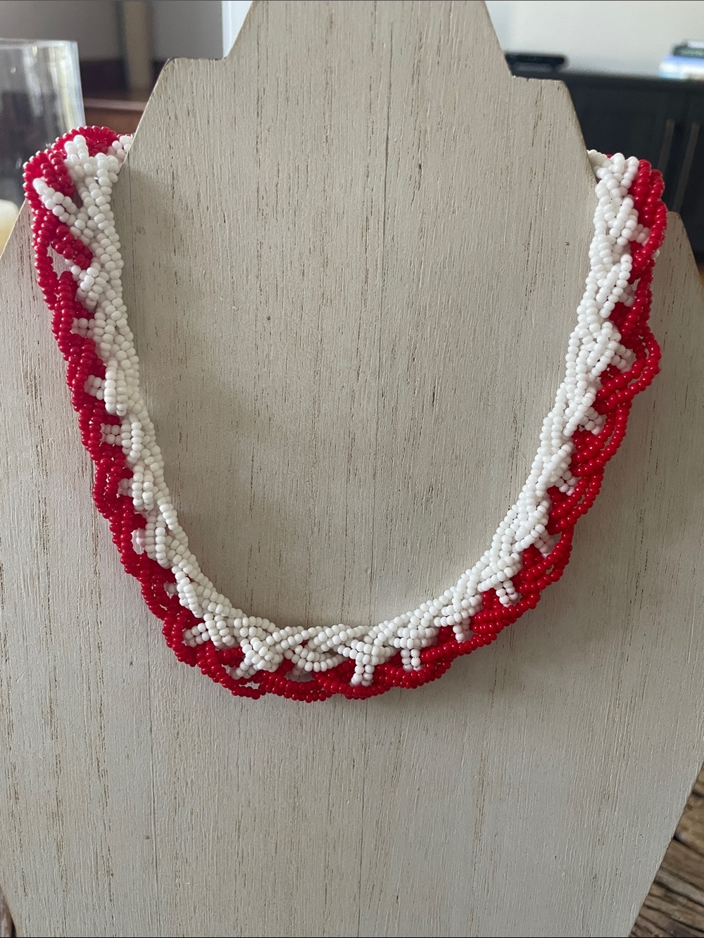 Stunning Handcrafted Red and White Glass Seed Bead Braided Necklace 1940’s
